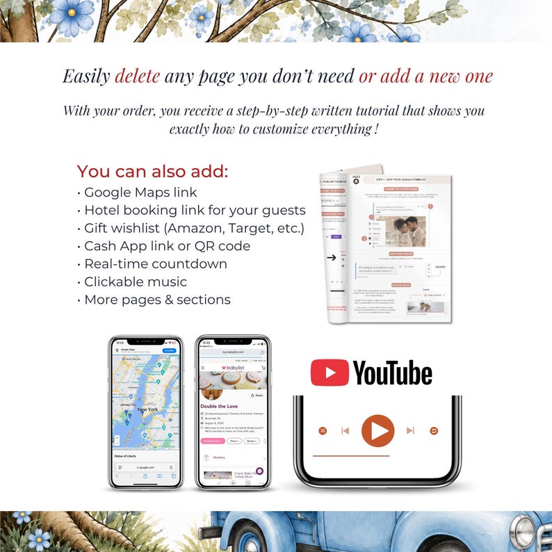 Customize your Teddy Bear Baby Shower website with Google Maps, baby registry links, countdown timer, YouTube music, extra pages and step-by-step tutorials included.