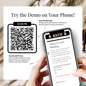QR Code Demo for Digital Wedding Invitation with RSVP – Mobile phone preview showing embedded Google Form RSVP, guests can scan code to reply instantly – Editable Canva wedding website template, modern online invite, easy response tracking – Templates4Branding