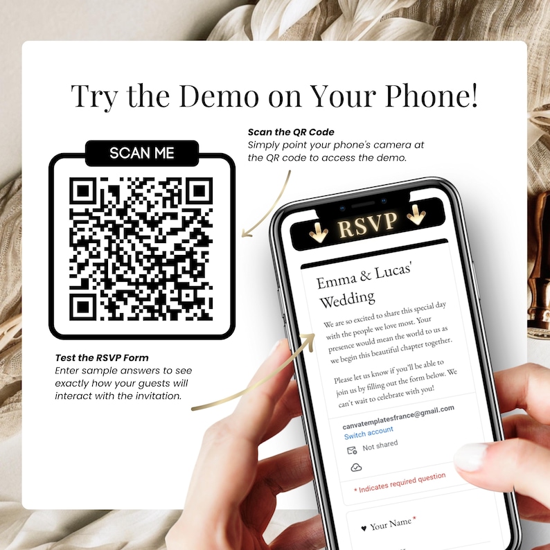 QR Code Demo for Digital Wedding Invitation with RSVP – Mobile phone preview showing embedded Google Form RSVP, guests can scan code to reply instantly – Editable Canva wedding website template, modern online invite, easy response tracking – Templates4Branding
