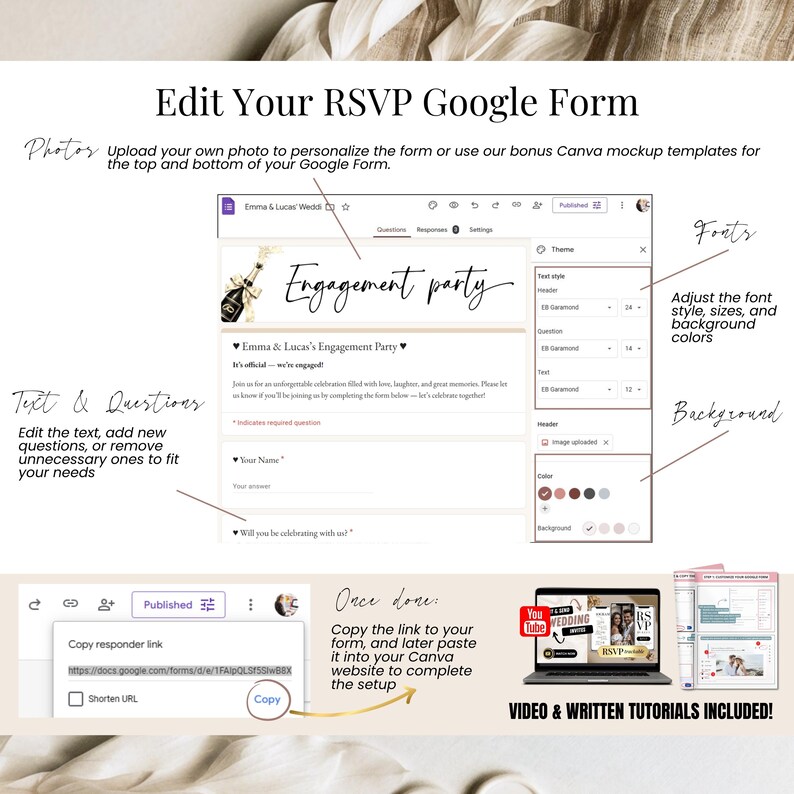 Engagement Party Editable RSVP Google Form customization, change text fonts colors and questions, Canva mockups for header and footer, easy setup wedding RSVP form tutorial