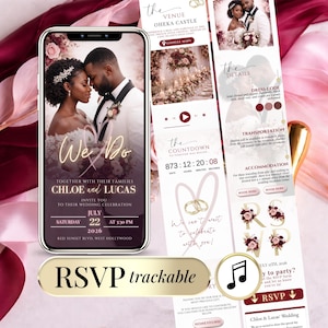 Op de afbeelding: Een digitale huwelijksuitnodiging op een smartphonescherm. Het ontwerp toont een stel, evenementdetails en de tekst "We Do". Extra panelen tonen locatie-informatie, een countdown en RSVP-details.