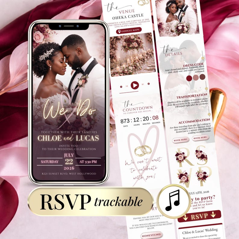 Burgundy wedding digital invitation with RSVP tracking, editable Canva wedding website template showing elegant burgundy and gold floral design, live countdown, music player, and modern mobile wedding invite layout