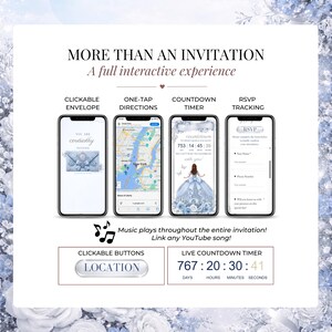 Cinderella Quinceañera website invitation showcasing clickable envelope, RSVP tracking, Google Maps directions, live countdown timer, and music player. Editable Canva invitation template for Sweet 15, Sweet 16, and XV Años celebrations.