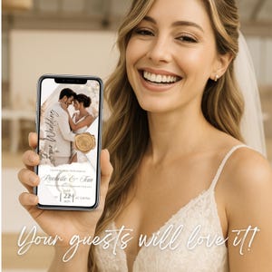 Happy bride holding elegant Wedding Video Invitation on smartphone. Editable Canva wedding invite with wax seal envelope, animated wedding video card, luxury ivory and champagne gold design, modern digital wedding invitation.