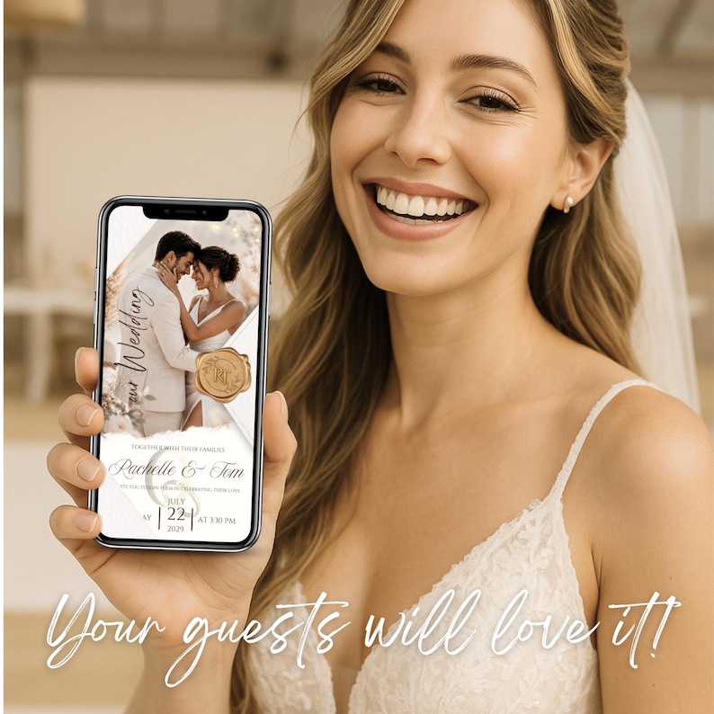 Happy bride holding elegant Wedding Video Invitation on smartphone. Editable Canva wedding invite with wax seal envelope, animated wedding video card, luxury ivory and champagne gold design, modern digital wedding invitation.