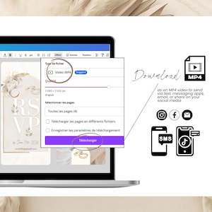 Download screen of a Canva wedding invitation video template showing MP4 export options. Image highlights how to download the invitation as a video to send via text, WhatsApp, email, or share on social media like Instagram, Facebook, or TikTok. Ideal for modern couples creating digital wedding invites with RSVP, music, and elegant design. Simple export and mobile sharing for paperless weddings.
