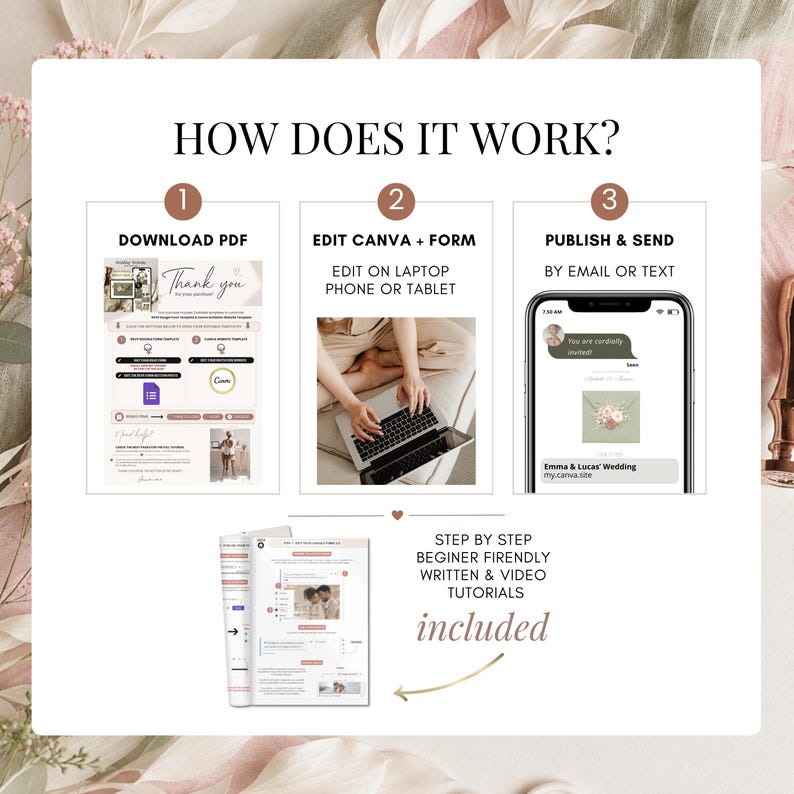 How to use editable Canva wedding website invitation template with RSVP form, download PDF, customize mobile wedding invitation and publish your wedding website instantly