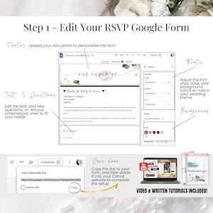 Guía paso a paso para editar el formulario RSVP en Google Forms incluido con la invitación de boda digital editable en Canva. Personaliza fotos, fuentes, colores, preguntas y texto según el estilo de tu boda. Copia el enlace del formulario y añádelo a tu sitio web de invitación. Ideal para bodas modernas, bodas en español o celebraciones digitales. Tutorial en video y guía escrita incluidos.