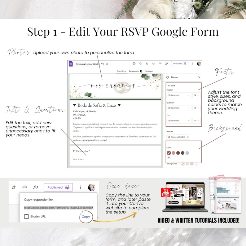 Guía paso a paso para editar el formulario RSVP en Google Forms incluido con la invitación de boda digital editable en Canva. Personaliza fotos, fuentes, colores, preguntas y texto según el estilo de tu boda. Copia el enlace del formulario y añádelo a tu sitio web de invitación. Ideal para bodas modernas, bodas en español o celebraciones digitales. Tutorial en video y guía escrita incluidos.