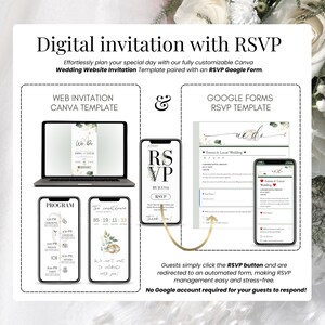 Digital Wedding Invitation with RSVP – Editable Canva website template paired with Google Forms RSVP template. Includes countdown timer, RSVP button, and registry access. Perfect for modern couples planning an eco-friendly wedding. No Google account required for guests to RSVP. Mobile and desktop preview of invitation. Easy and stress-free wedding website solution.