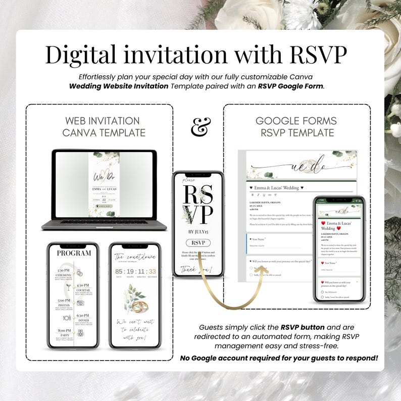 Digital Wedding Invitation with RSVP – Editable Canva website template paired with Google Forms RSVP template. Includes countdown timer, RSVP button, and registry access. Perfect for modern couples planning an eco-friendly wedding. No Google account required for guests to RSVP. Mobile and desktop preview of invitation. Easy and stress-free wedding website solution.
