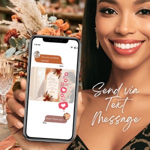 Wedding invitation digital invite sent by text message, burnt orange wedding invitation Canva template, interactive wedding RSVP website, terracotta wedding invitation, electronic wedding invite, modern fall wedding invitation with RSVP