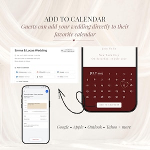Add to Calendar wedding feature showing Google, Apple, Outlook, Office 365 and Yahoo calendar options beside a burgundy wedding calendar and smartphone. Interactive wedding website template with one-click calendar integration.