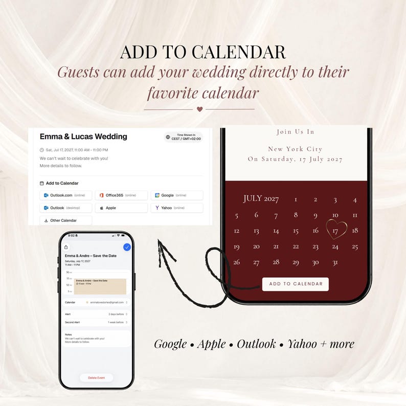 Add to Calendar wedding feature showing Google, Apple, Outlook, Office 365 and Yahoo calendar options beside a burgundy wedding calendar and smartphone. Interactive wedding website template with one-click calendar integration.