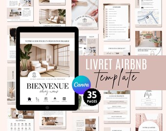 Livret d’accueil Airbnb en français avec affiche de bienvenue, 35 pages A4, Airbnb Template Canva, Welcome Book Français, Welcome book