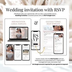 Editable wedding invitation with RSVP Google Form template. Includes Canva web invitation and Google RSVP form, fully customizable for digital weddings. Guests click RSVP to respond instantly—no Google account needed. Track responses easily and send your online wedding invite via email or text. Modern, mobile-friendly, and stress-free planning solution.