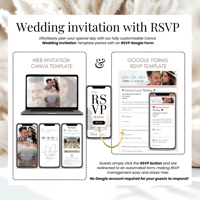 Editable wedding invitation with RSVP Google Form template. Includes Canva web invitation and Google RSVP form, fully customizable for digital weddings. Guests click RSVP to respond instantly—no Google account needed. Track responses easily and send your online wedding invite via email or text. Modern, mobile-friendly, and stress-free planning solution.