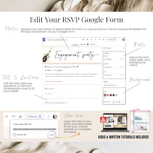 Edit your RSVP Google Form for engagement party invitation, step-by-step customization guide shown on desktop screen.