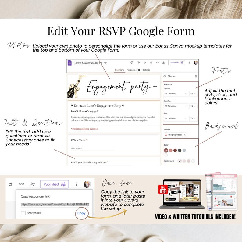 Edit your RSVP Google Form for engagement party invitation, step-by-step customization guide shown on desktop screen.