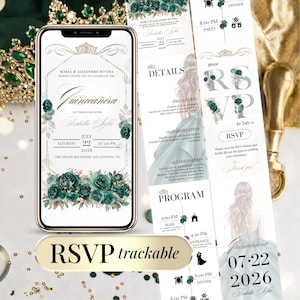 Digital Quinceanera Invitation RSVP Gold Template, Emerald Green Floral Editable Sweet 15 Birthday Online Invite Rsvp Card, Instant Download