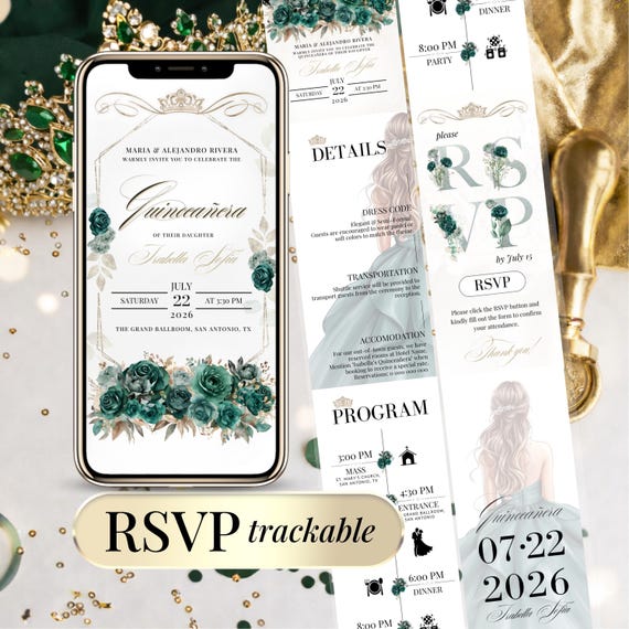 Digital Quinceanera Invitation RSVP Online Gold Template, Emerald Green Floral Editable Sweet 15th Birthday, Invitation Anniversaire 15 Ans