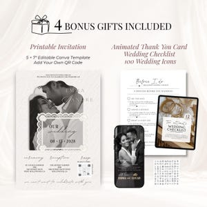 May include: A digital wedding stationery set featuring a 12.7 x 17.8 cm printable invitation template with a photo placeholder, an animated thank you card, a wedding checklist, and 100 wedding icons. The design includes text for ceremony, reception, and RSVP details with a QR code.