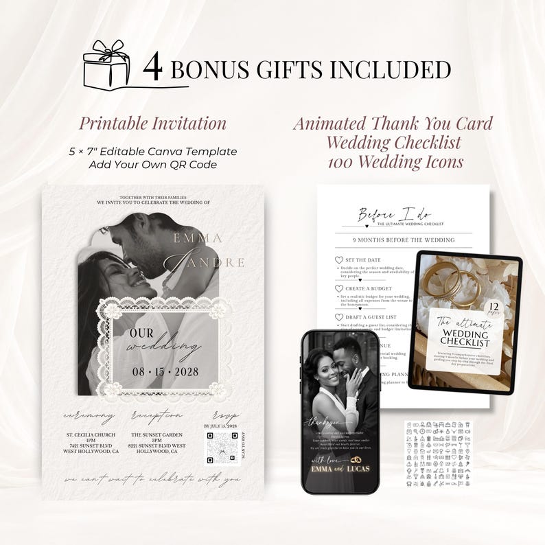 May include: A digital wedding stationery set featuring a 12.7 x 17.8 cm printable invitation template with a photo placeholder, an animated thank you card, a wedding checklist, and 100 wedding icons. The design includes text for ceremony, reception, and RSVP details with a QR code.