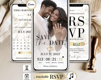 Wedding Calendar Save the Date Digital Invitation with RSVP Link, Editable Canva Wedding Website Template, Animated Evite Music Countdown