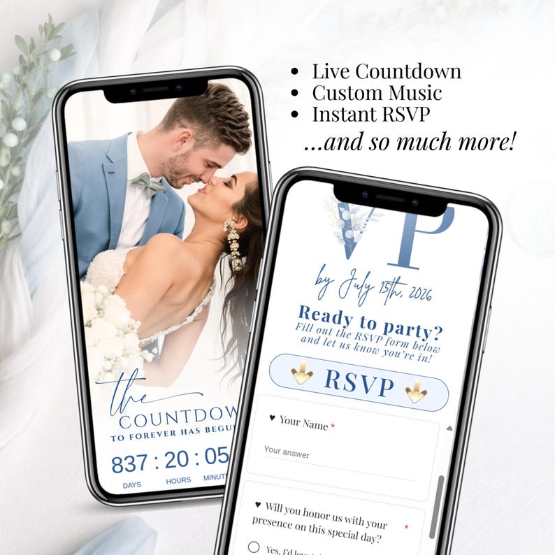 Send wedding invitation via text message, modern digital wedding invitation website displayed on phone, instant RSVP online wedding invite, editable Canva wedding website for easy sharing with guests