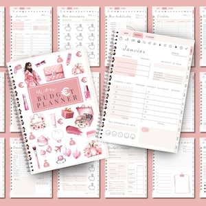 Budget planner français, non daté, avec checklist, suivi des dépenses mensuelles et annuelles. Idéal pour une gestion financière organisée. Design pratique pour impression ou utilisation digitale, adapté aux objectifs financiers personnels.