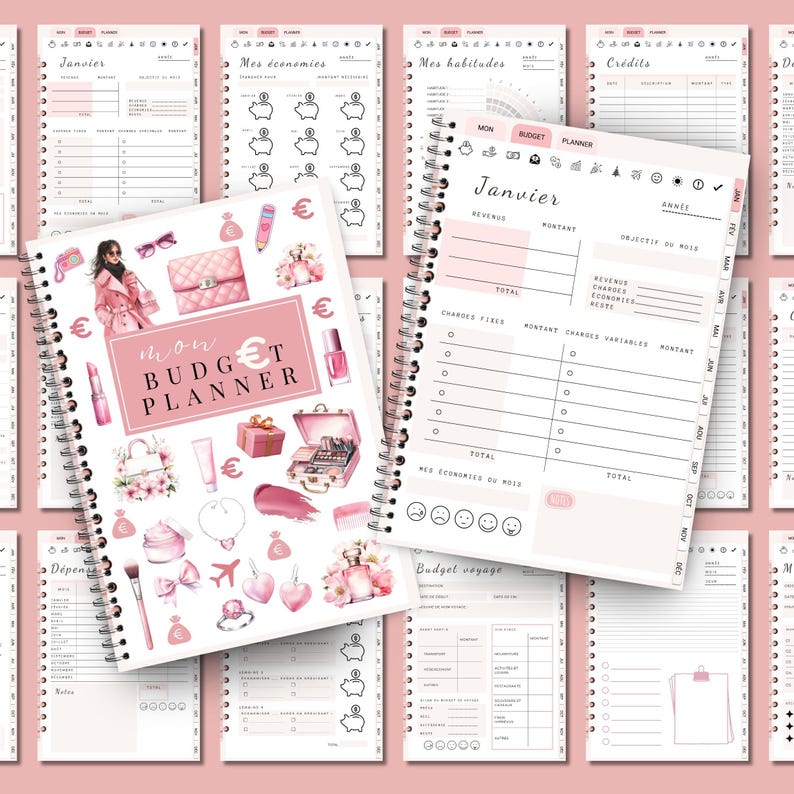 Budget planner français, non daté, avec checklist, suivi des dépenses mensuelles et annuelles. Idéal pour une gestion financière organisée. Design pratique pour impression ou utilisation digitale, adapté aux objectifs financiers personnels.