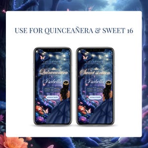 Quinceañera and Sweet 16 invitation preview with real-time countdown and RSVP form. Blue enchanted forest theme with princess dress and sparkling lights.