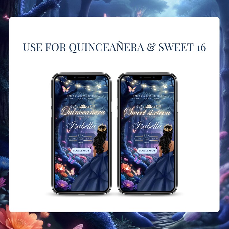Quinceañera and Sweet 16 invitation preview with real-time countdown and RSVP form. Blue enchanted forest theme with princess dress and sparkling lights.