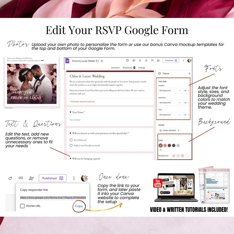 Edit your RSVP Google Form tutorial screenshot showing step-by-step customization in Canva wedding template