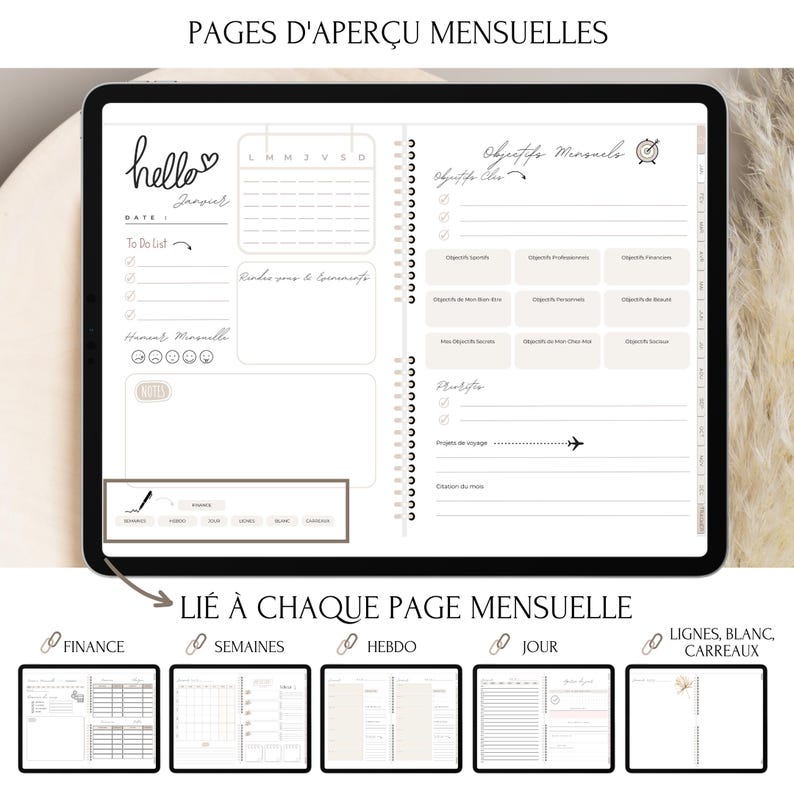 May include: A digital planner template for a tablet with a monthly overview page. The page includes sections for to-do lists, goals, and notes. The template is designed to help users stay organized and on track with their goals.
