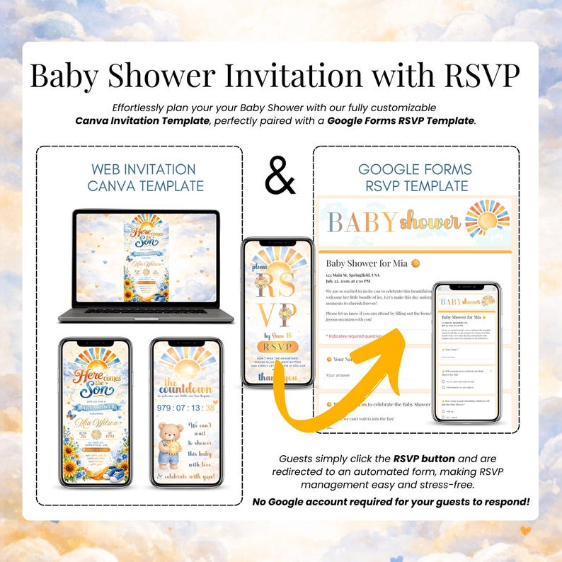 Here Comes the Son Baby Shower Invitation With RSVP, Baby Boy Sunshine ...