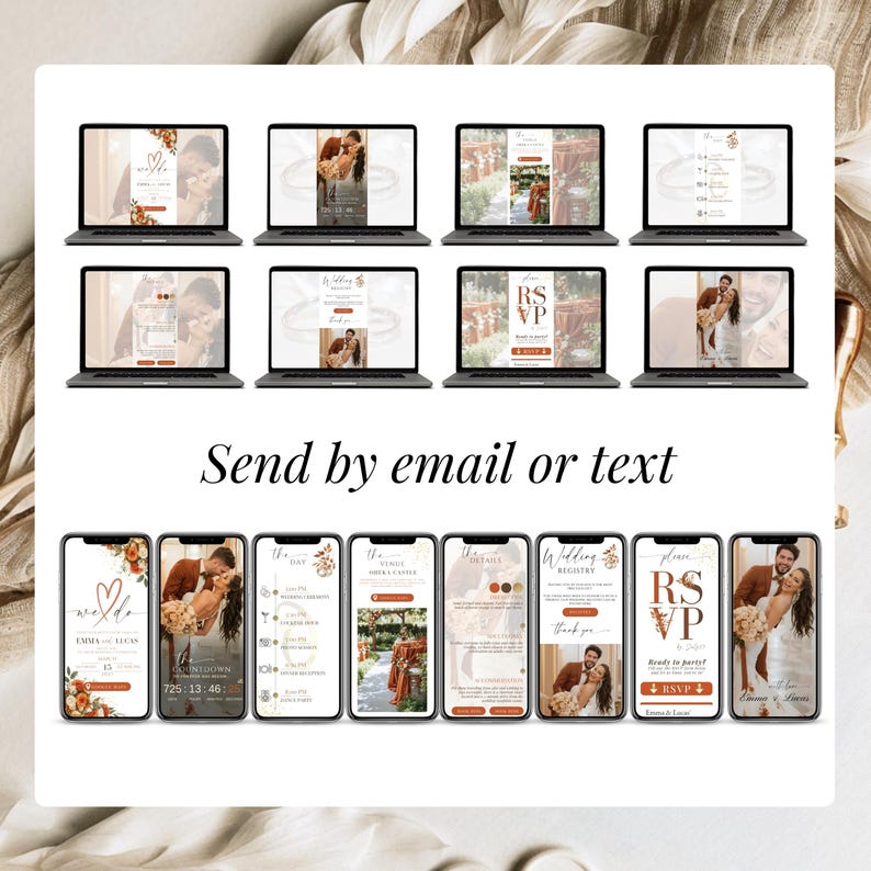 Digital wedding invitation sent by email or text message, featuring animated wedding invite screens optimized for mobile sharing.