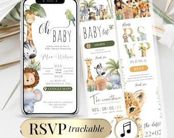 Sitio web para baby shower, plantilla de invitación digital, rastreador de RSVP con clic en línea. Invitación de safari de animales para niño y niña. Plantilla de invitación digital.