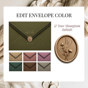 Customize your Wedding Website Invitation with editable envelope colors, personalized wax seal monogram, ivory, green, blush, mauve and neutral envelope options in Canva.