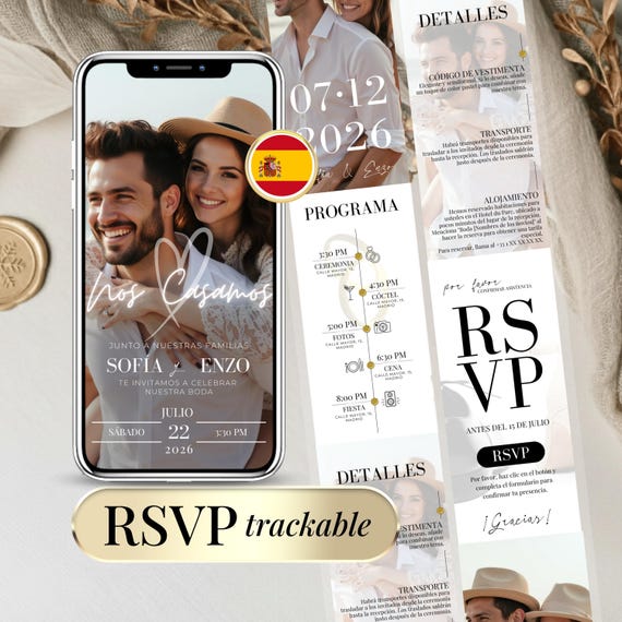 Invitacion de Boda Digital, Invitation de Mariage Numérique Personnalisable avec formulaire RSVP - Canva Spanish Wedding Invitation Template