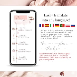 Translate your digital wedding invitation into any language, editable Canva wedding website, change text to Spanish, French, German, Italian and more, blush pink layout with RSVP and schedule timeline for elegant modern weddings.
