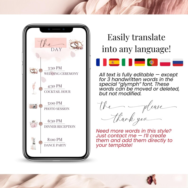 Translate your digital wedding invitation into any language, editable Canva wedding website, change text to Spanish, French, German, Italian and more, blush pink layout with RSVP and schedule timeline for elegant modern weddings.