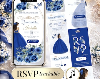 Invitación Quinceañera Azul Real Digital con RSVP Online – Mis Quince 15 Años | Sweet 15 Canva Editable Template, Invitación Sweet 16