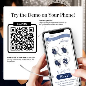 Try the demo of the navy blue Quinceañera digital invitation on your phone. Scan the QR code to preview the RSVP website. Mobile-friendly sweet 16 and Mis Quince Años invitation with RSVP form. Elegant silver floral design with RSVP button for guest confirmation. Perfect for 15th birthday party digital invites with instant preview and editable Canva template.