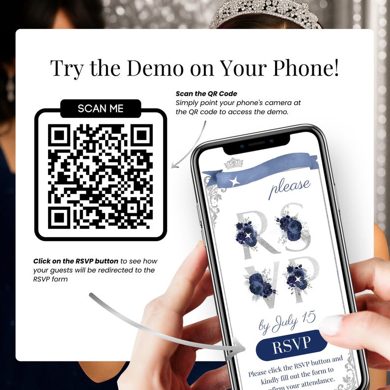 Try the demo of the navy blue Quinceañera digital invitation on your phone. Scan the QR code to preview the RSVP website. Mobile-friendly sweet 16 and Mis Quince Años invitation with RSVP form. Elegant silver floral design with RSVP button for guest confirmation. Perfect for 15th birthday party digital invites with instant preview and editable Canva template.