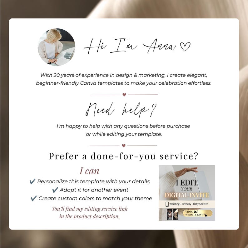 Seller introduction Templates 4 Branding for a digital wedding invite shop offering a done-for-you editing service to personalize the template with your own details.
