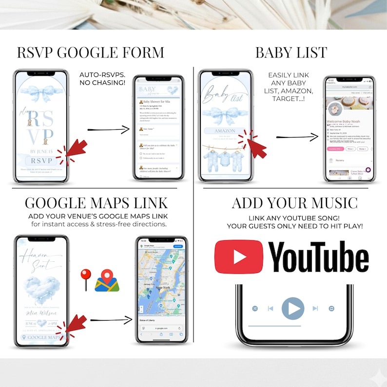 Countdown timer displayed on blue baby shower digital invitation. Heaven Sent baby shower website invite for boy with teddy bear, cloud theme and live countdown.