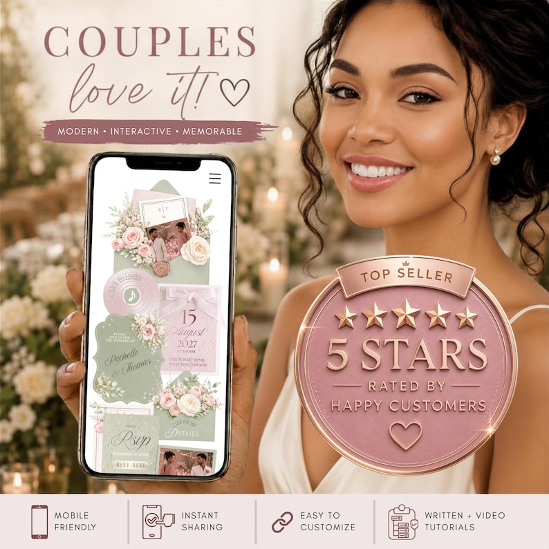Pink and sage green wedding website invitation Canva template shown on mobile phone, editable digital wedding RSVP invite with music, countdown and romantic pastel floral wedding design