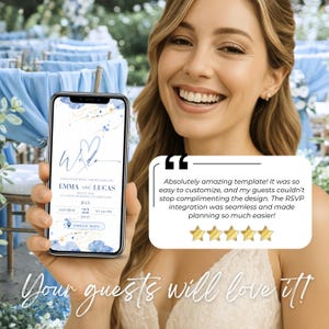 Happy guest holding phone with digital wedding invitation website, modern dusty blue online wedding invite with RSVP tracking, elegant Canva wedding website template loved by guests