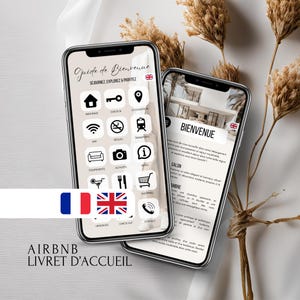 Peut inclure: Un guide pour les clients Airbnb avec une liste des équipements et services proposés, notamment l'enregistrement, le Wi-Fi, les règles, les transports, l'équipement, les activités, les informations, les achats, le départ et le contact. Le guide est affiché sur deux téléphones mobiles avec un drapeau français et un drapeau britannique.